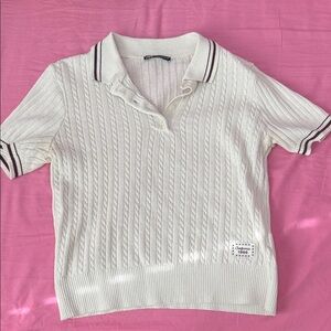 Zara Cream Knit Polo Top with Contrast Stripes